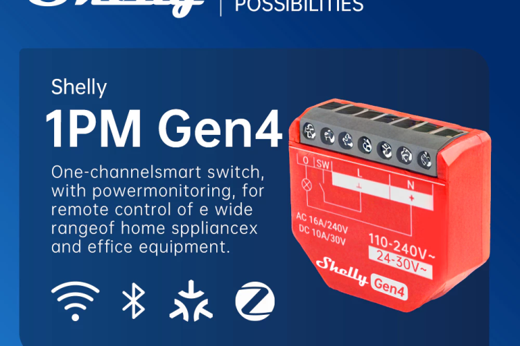 Shelly 1PM Gen4 Wi-Fi Zigbee Matter Smart Relay Switch with Power Metering 1-Channel 16A Alexa, Google Home