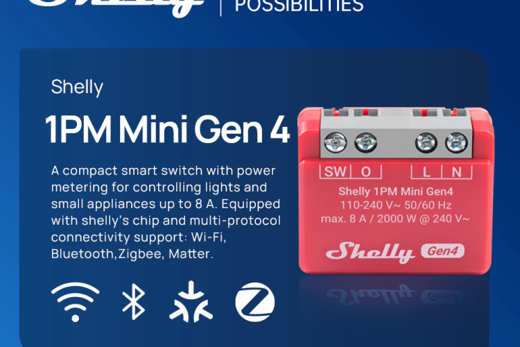 Shelly 1PM Mini Gen4 Wi-Fi Zigbee Matter Smart Relay Switch with Power Metering 1-Channel 8A Alexa, SmartThings, Google Home, Apple HomeKit Compatible