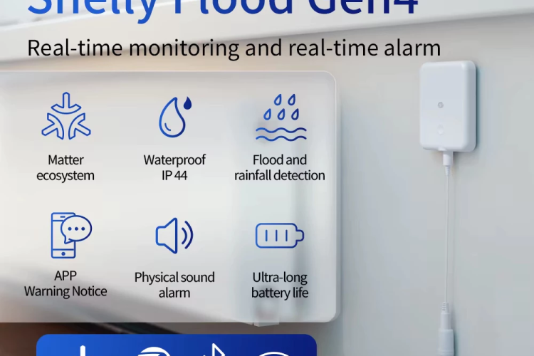 Shelly Flood Gen4 Smart Water Leak Sensor IP44 | Flood & Rain Detection | Leak Sensor Cable | Zigbee | Alexa Google Home