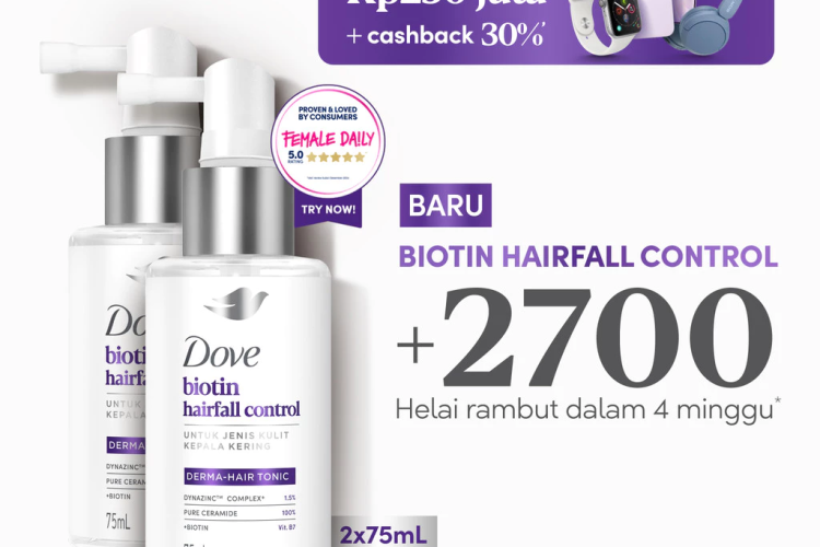 Dove Hair Tonic Biotin Hairfall Control 75mL x2 | Tonic Perawatan Rambut Rontok Untuk Jenis Kulit kepala Kering dan Sehat | Tonic Hair Booster