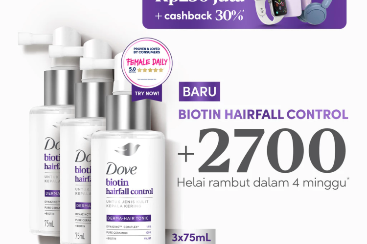 Dove Hair Tonic Biotin Hairfall Control 75mL x3 | Tonic Perawatan Rambut Rontok Untuk Jenis Kulit kepala Kering dan Sehat | Tonic Hair Booster