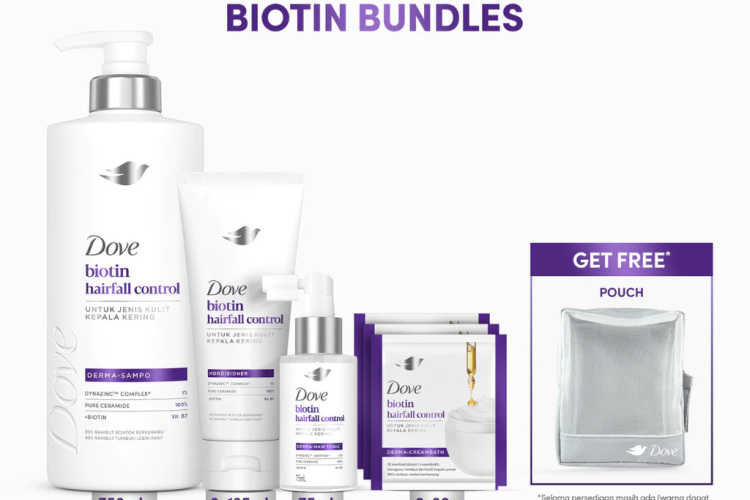 [Dove Bundle Booster Anti Rontok] Dove Hair Care Biotin Shampoo 750ml + Conditioner 135ml x2 + Tonic 75ml + Creambath 30gr x6 | Shampoo Perawatan Rambut Rontok | Hair Tonic